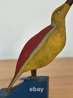 Art Populaire Oiseau de Rivage Grandes Couleurs Rouge Jaune Bleu Sculpté à la Main Pose Forte Agréable