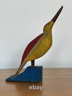 Art Populaire Oiseau de Rivage Grandes Couleurs Rouge Jaune Bleu Sculpté à la Main Pose Forte Agréable