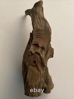 Art folklorique druidique en bois sculpté à la manière de Junior Cobb, bois flotté