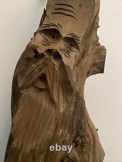 Art folklorique druidique en bois sculpté à la manière de Junior Cobb, bois flotté