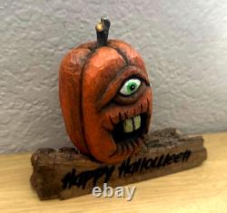 Art populaire CITROUILLE EN BOIS SCULPTÉE À LA MAIN SIGNÉE PAR L'ARTISTE HALLOWEEN RARE