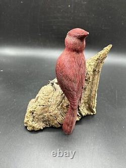 Art populaire Sculpté Oiseau CARDINAL sur bois flotté Détail exquis signé Yeux en verre