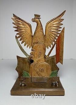 Art populaire ancien en bois peint sculpté en encrier de la Première Guerre mondiale JOZEF PILSUDSKI SOLDAT POLONAIS