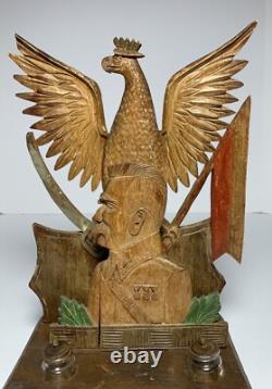 Art populaire ancien en bois peint sculpté en encrier de la Première Guerre mondiale JOZEF PILSUDSKI SOLDAT POLONAIS