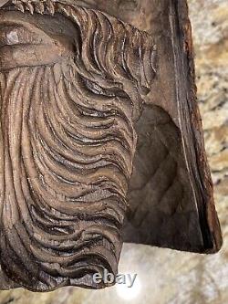 Art populaire antique Visage d'homme sculpté à la main en bois avec barbe détaillée