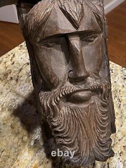 Art populaire antique Visage d'homme sculpté à la main en bois avec barbe détaillée