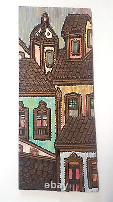 Art populaire en relief de Salvador Bahia Brésil, maisons en bois sculpté et peint, signé WAL 80