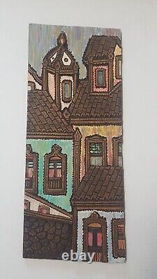 Art populaire en relief de Salvador Bahia Brésil, maisons en bois sculpté et peint, signé WAL 80