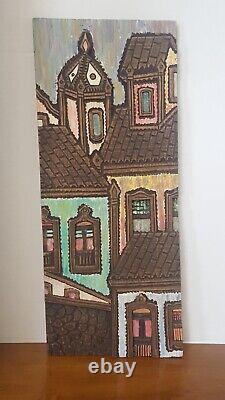 Art populaire en relief de Salvador Bahia Brésil, maisons en bois sculpté et peint, signé WAL 80