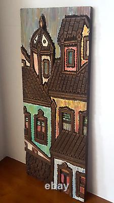 Art populaire en relief de Salvador Bahia Brésil, maisons en bois sculpté et peint, signé WAL 80