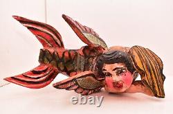 Art populaire mexicain ATQ Guerrero en bois sculpté figurine de masque de sirène ange chérubin Puti