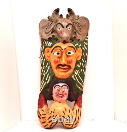 Art populaire mexicain antique : Masque de danse en bois sculpté représentant 3 visages de Guerrero