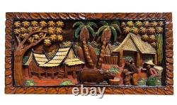 Art populaire mural VTG Village tropical ferme en bois sculpté à la main peint en relief élevé