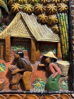 Art populaire mural VTG Village tropical ferme en bois sculpté à la main peint en relief élevé