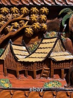 Art populaire mural VTG Village tropical ferme en bois sculpté à la main peint en relief élevé