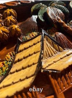 Art populaire mural VTG Village tropical ferme en bois sculpté à la main peint en relief élevé