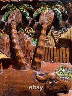 Art populaire mural VTG Village tropical ferme en bois sculpté à la main peint en relief élevé