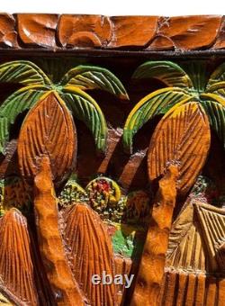 Art populaire mural VTG Village tropical ferme en bois sculpté à la main peint en relief élevé