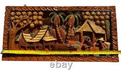 Art populaire mural VTG Village tropical ferme en bois sculpté à la main peint en relief élevé