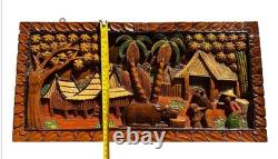 Art populaire mural VTG Village tropical ferme en bois sculpté à la main peint en relief élevé
