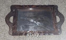 Art populaire plateau en bois sculpté à la main vintage/antique avec verre 19X10 exceptionnel