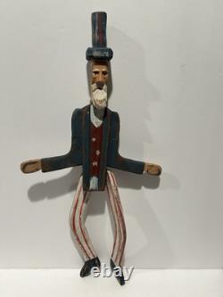 Art populaire primitif en bois d'oncle Sam vintage, sculpture en bois 18, jouet à hélice avec jambes, RARE