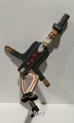 Art populaire primitif en bois d'oncle Sam vintage, sculpture en bois 18, jouet à hélice avec jambes, RARE