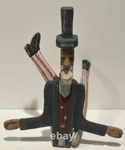 Art populaire primitif en bois d'oncle Sam vintage, sculpture en bois 18, jouet à hélice avec jambes, RARE