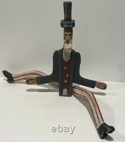 Art populaire primitif en bois d'oncle Sam vintage, sculpture en bois 18, jouet à hélice avec jambes, RARE