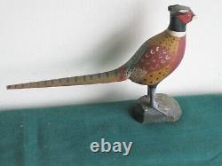 Art populaire vintage : Faisan en bois miniature sculpté à la main et signé Thor Hansen 6lx5