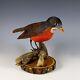 Art Populaire Vintage Oiseau Rouge-gorge En Bois Sculpté à La Main Avec Yeux En Verre Signé