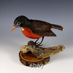 Art populaire vintage Oiseau rouge-gorge en bois sculpté à la main avec yeux en verre signé