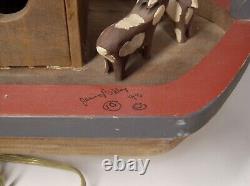 Artiste Vtg Sculpté ARCHE DE NOÉ Art Populaire Signé Ensemble avec 40 Animaux en Bois Grand 25