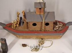 Artiste Vtg Sculpté ARCHE DE NOÉ Art Populaire Signé Ensemble avec 40 Animaux en Bois Grand 25