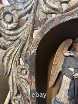Autel de Santos Angel/Nicho mexicain en bois sculpté, art populaire ancien dévotionnel vers 1900