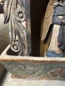 Autel de Santos Angel/Nicho mexicain en bois sculpté, art populaire ancien dévotionnel vers 1900