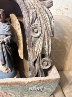 Autel de Santos Angel/Nicho mexicain en bois sculpté, art populaire ancien dévotionnel vers 1900