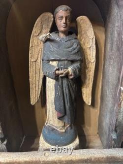 Autel de Santos Angel/Nicho mexicain en bois sculpté, art populaire ancien dévotionnel vers 1900