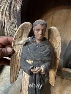 Autel de Santos Angel/Nicho mexicain en bois sculpté, art populaire ancien dévotionnel vers 1900