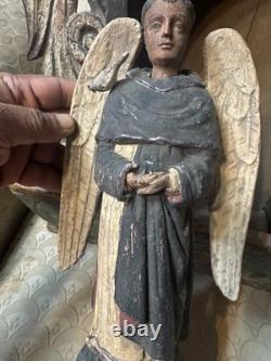 Autel de Santos Angel/Nicho mexicain en bois sculpté, art populaire ancien dévotionnel vers 1900