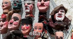 Authentique Français Puppets19th Polychromes En Bois Sculpté Folk Art Guignol Castellet