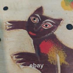 BOÎTE EN BOIS CARVÉE GRAND FORMAT AVEC CHATS EN ART POPULAIRE PRIMITIF VINTAGE Peinte à la main 19×9×10
