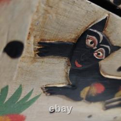BOÎTE EN BOIS GRAND MODELE SCULPTÉE AVEC DES CHATS D'ART POPULAIRE PRIMITIF VINTAGE Peinte à la main 19×9×10