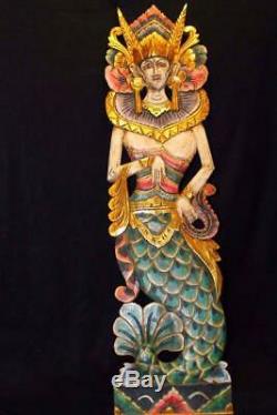 Balinais Sirène Déesse Mur Panneau De Main En Bois Sculpté Peint Folklorique Bali Art Mul