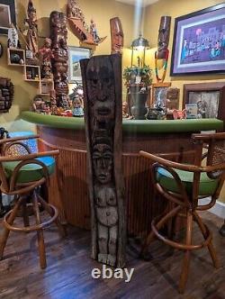 Bar TIKI Vintage Statue de Sculpture en Bois Hawaïenne Polynésienne, Totem Pole des années 1950