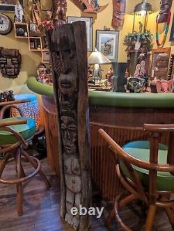 Bar TIKI Vintage Statue de Sculpture en Bois Hawaïenne Polynésienne, Totem Pole des années 1950