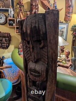 Bar TIKI Vintage Statue de Sculpture en Bois Hawaïenne Polynésienne, Totem Pole des années 1950