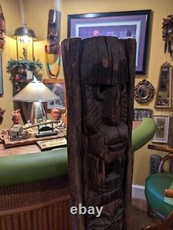 Bar TIKI Vintage Statue de Sculpture en Bois Hawaïenne Polynésienne, Totem Pole des années 1950