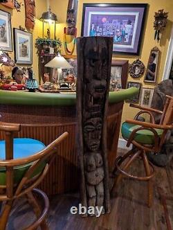 Bar TIKI Vintage Statue de Sculpture en Bois Hawaïenne Polynésienne, Totem Pole des années 1950