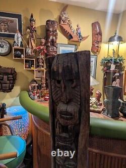 Bar TIKI Vintage Statue de Sculpture en Bois Hawaïenne Polynésienne, Totem Pole des années 1950